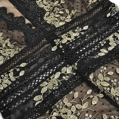 Fashion runway maxi dress V-neck high quality Lace mesh stitching Gold thread embroidery Slim party long dress Women