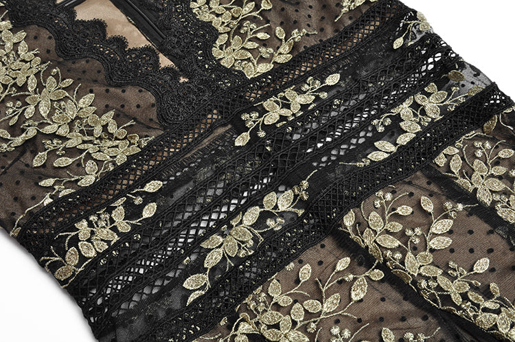Fashion runway maxi dress V-neck high quality Lace mesh stitching Gold thread embroidery Slim party long dress Women