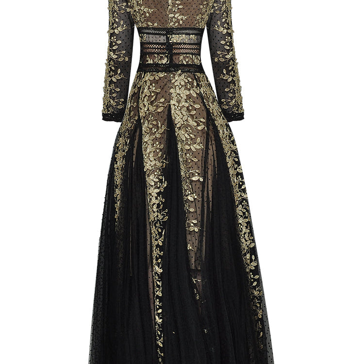 Fashion runway maxi dress V-neck high quality Lace mesh stitching Gold thread embroidery Slim party long dress Women