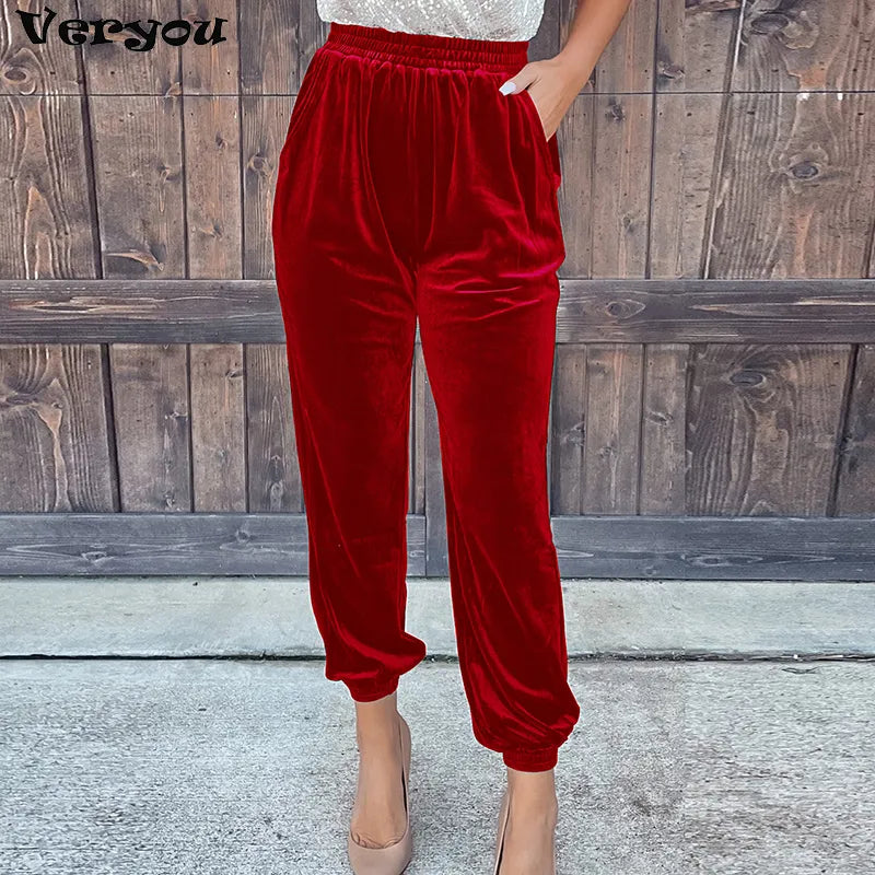 Fashionable Elegant Red Velvet Pants For Women Autumn Winter Elastic High Waist Casual Shorts Women Fashion Solid Loose Trousers AMAIO