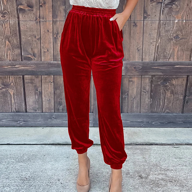 Fashionable Elegant Red Velvet Pants For Women Autumn Winter Elastic High Waist Casual Shorts Women Fashion Solid Loose Trousers Red