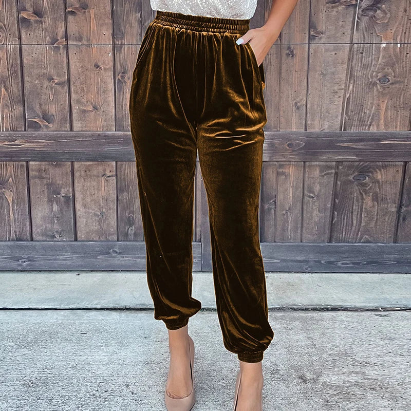 Fashionable Elegant Red Velvet Pants For Women Autumn Winter Elastic High Waist Casual Shorts Women Fashion Solid Loose Trousers