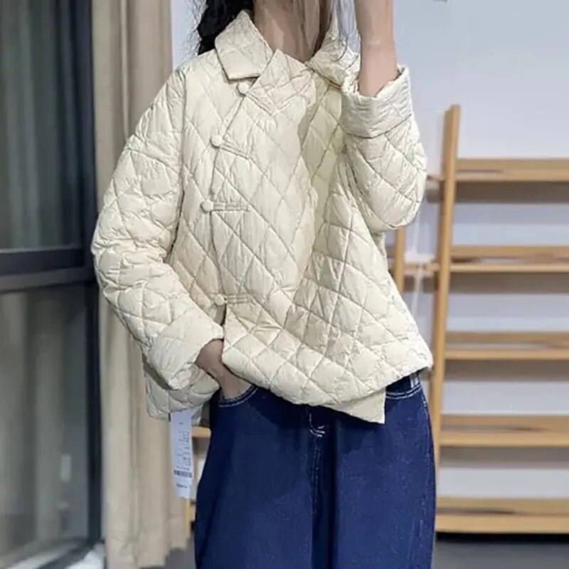Fashionable Irregular Single Breasted Lapel Casual Cotton Jacket Autumn Winter New Women's Thickened Warm Loose Jacket Beige