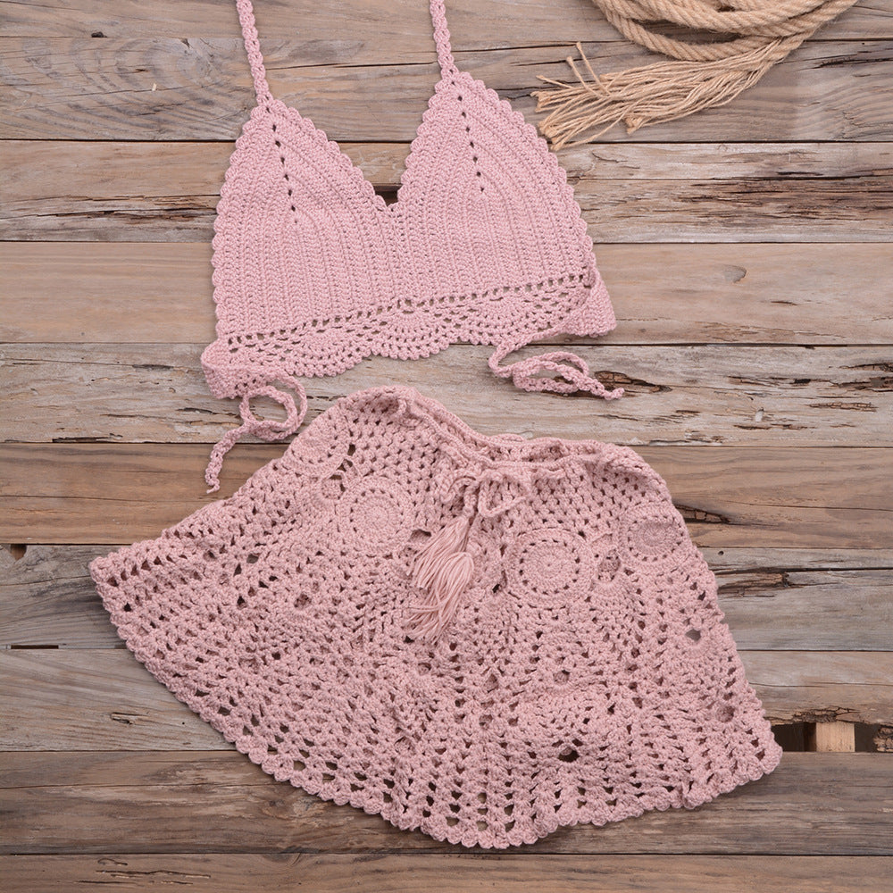 Fashionable Modern Hand-woven Beach Vacation Strappy Bikini Split Swimsuit Outfit Pink