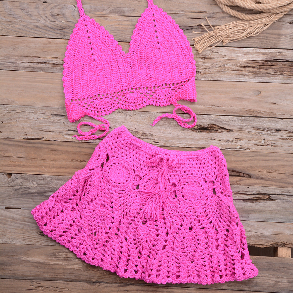 Fashionable Modern Hand-woven Beach Vacation Strappy Bikini Split Swimsuit Outfit Rose Red