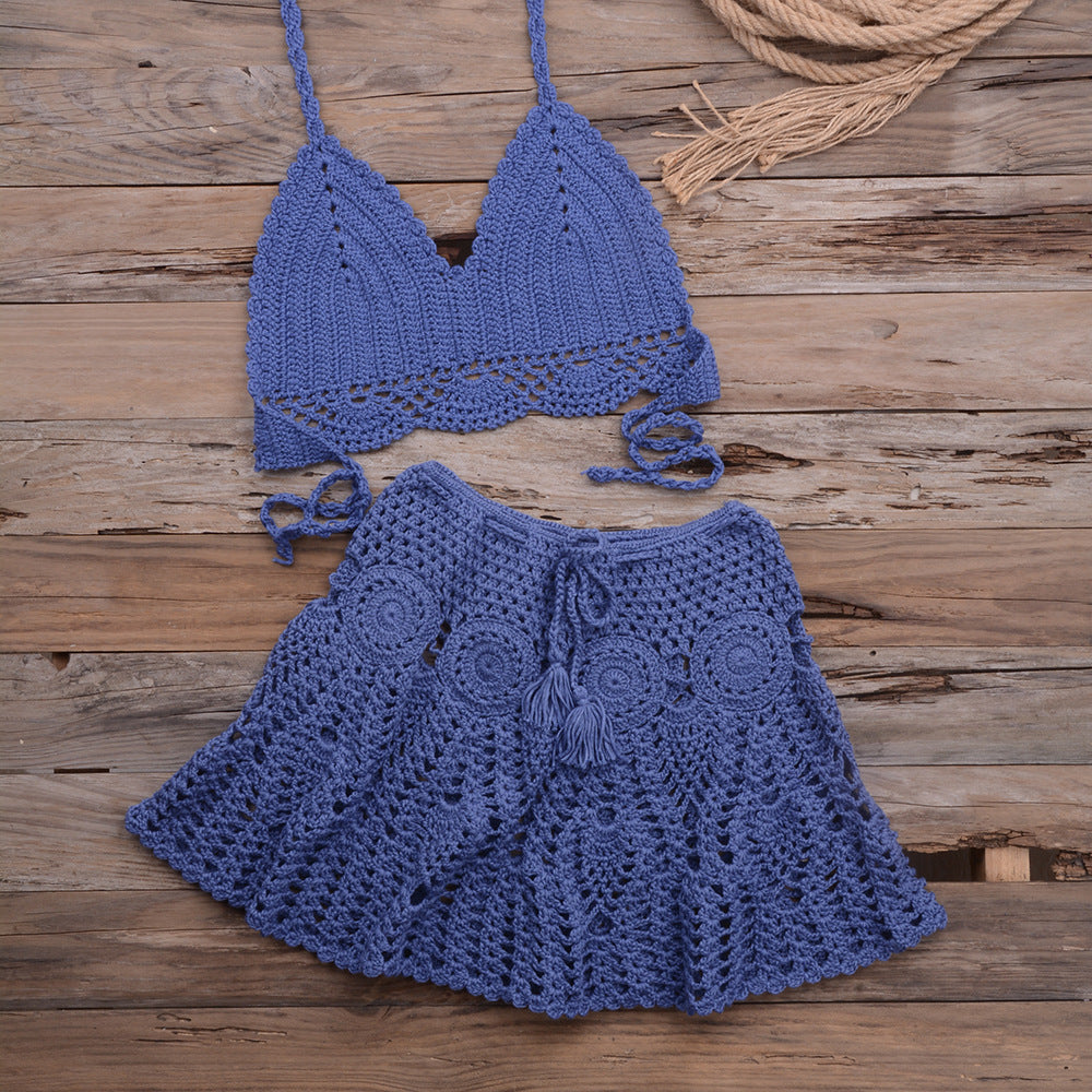 Fashionable Modern Hand-woven Beach Vacation Strappy Bikini Split Swimsuit Outfit Blue