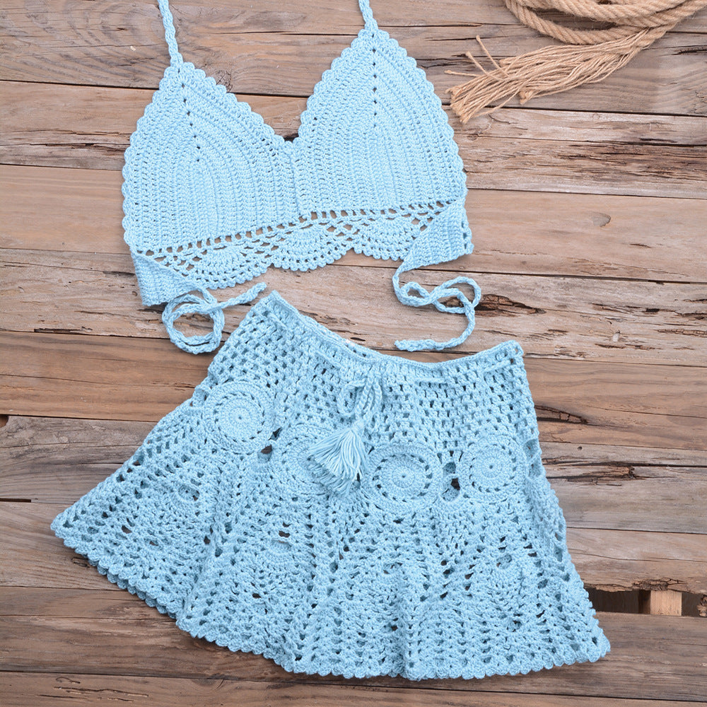 Fashionable Modern Hand-woven Beach Vacation Strappy Bikini Split Swimsuit Outfit Sky Blue
