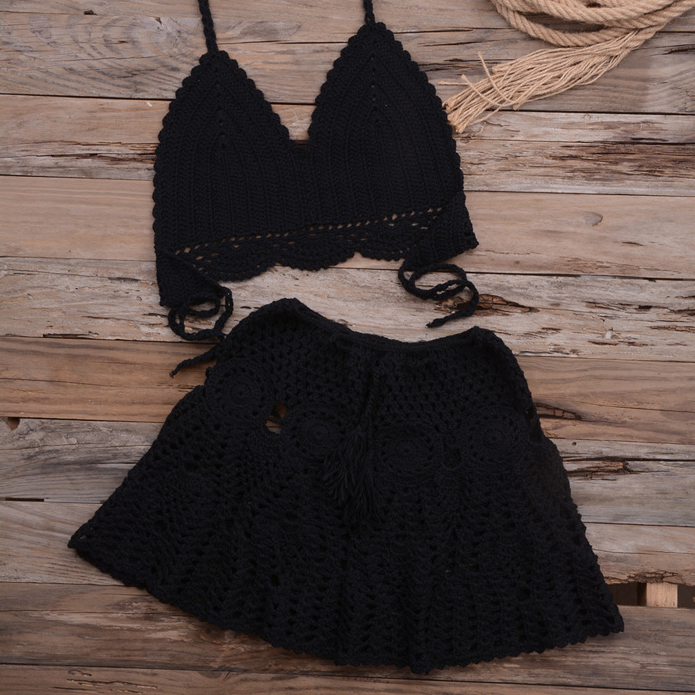 Fashionable Modern Hand-woven Beach Vacation Strappy Bikini Split Swimsuit Outfit Black