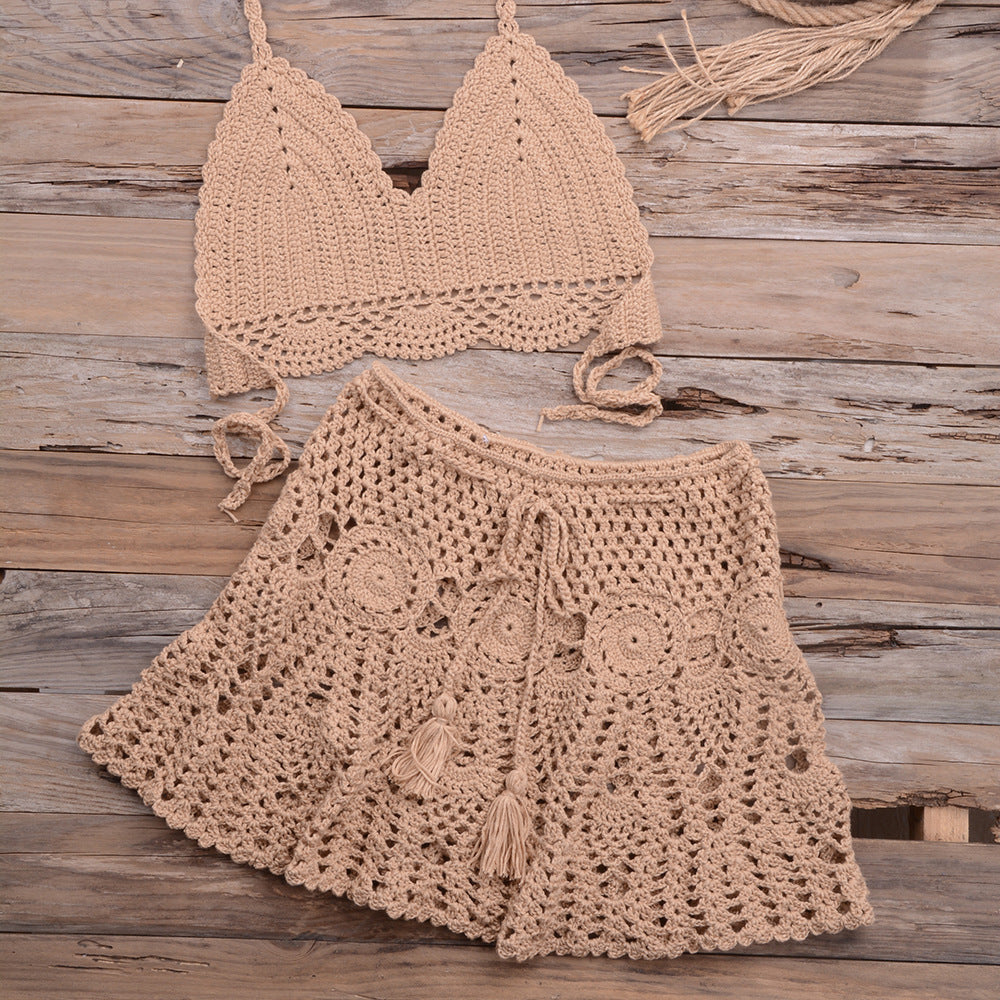 Fashionable Modern Hand-woven Beach Vacation Strappy Bikini Split Swimsuit Outfit Khaki