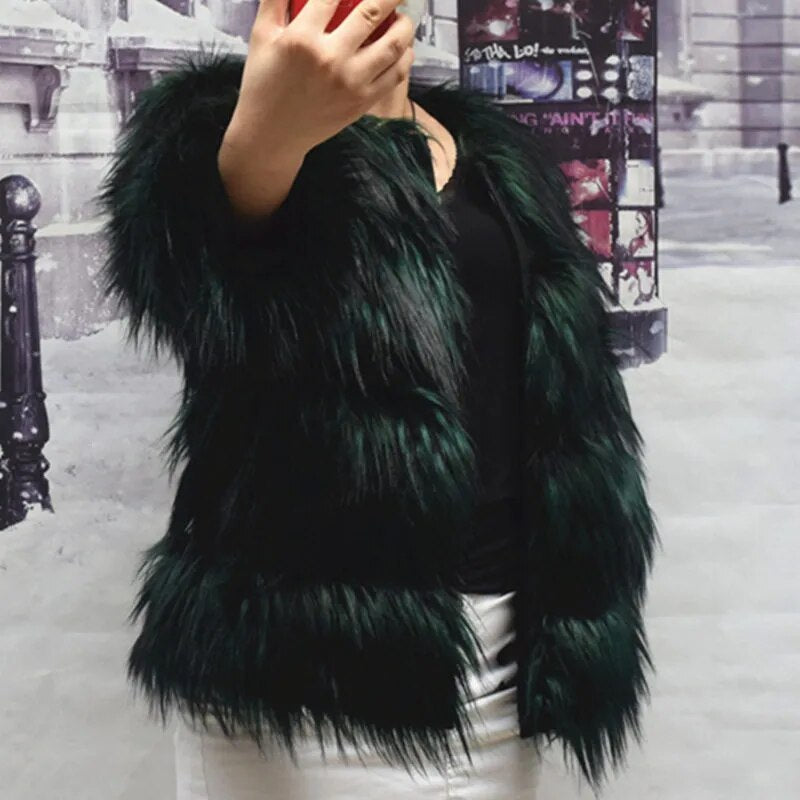 Faux Fur Coat Women's Jacket Winter Fashion Warm Thick Fox Raccoon Leather Brown Plus Size 2022 Especially Fake Fur Cold Coat Green longer