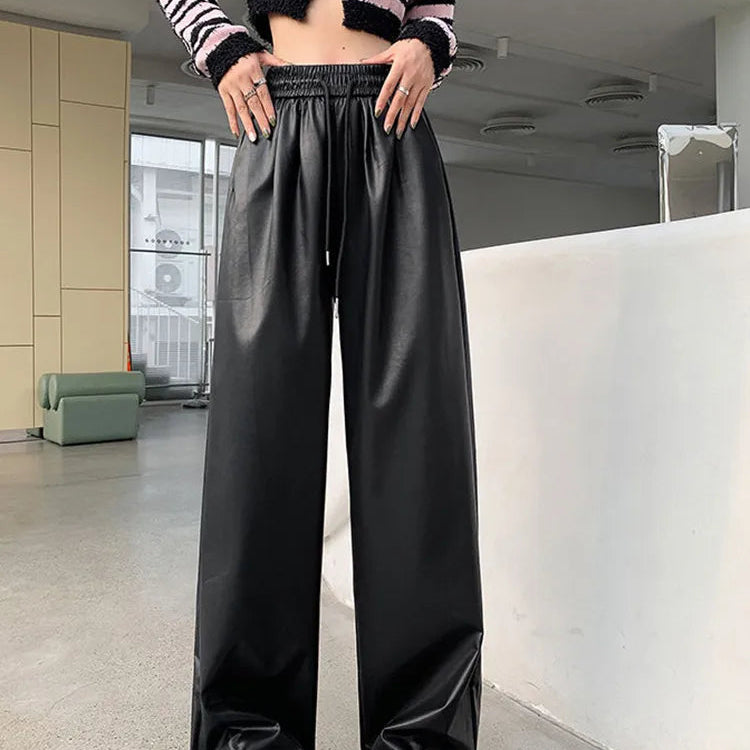 Faux Leather PU Wide-Leg Lace Up Elastic High Waist Women's Pants Fashion Full Length Pants Women Autumn Winter Straight Trouser AMAIO