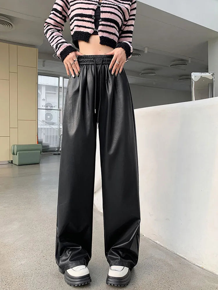 Faux Leather PU Wide-Leg Lace Up Elastic High Waist Women's Pants Fashion Full Length Pants Women Autumn Winter Straight Trouser AMAIO