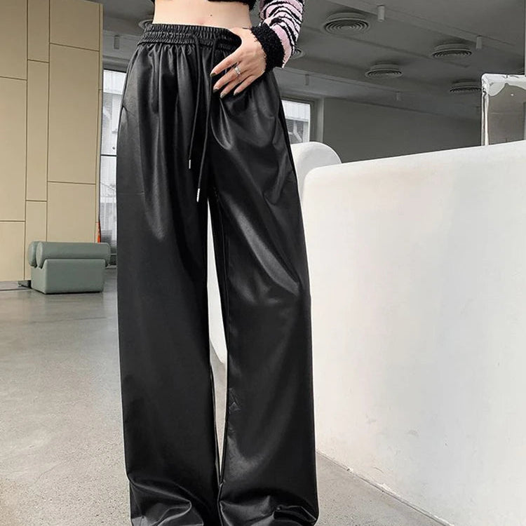 Faux Leather PU Wide-Leg Lace Up Elastic High Waist Women's Pants Fashion Full Length Pants Women Autumn Winter Straight Trouser