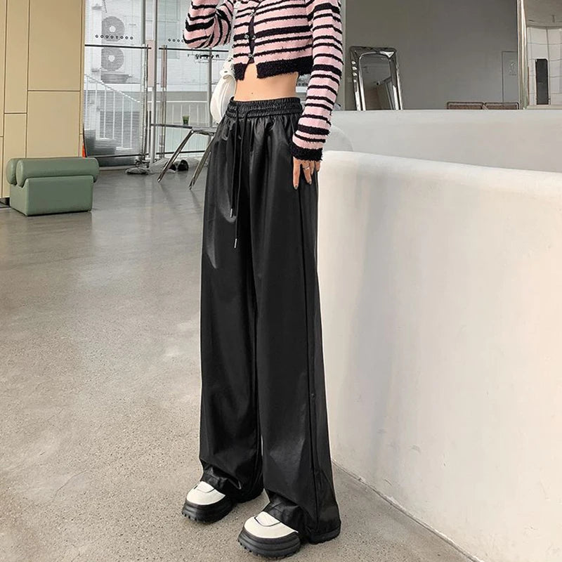 Faux Leather PU Wide-Leg Lace Up Elastic High Waist Women's Pants Fashion Full Length Pants Women Autumn Winter Straight Trouser Black
