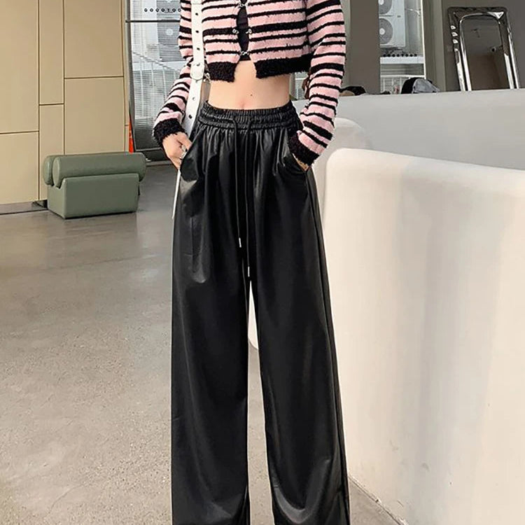 Faux Leather PU Wide-Leg Lace Up Elastic High Waist Women's Pants Fashion Full Length Pants Women Autumn Winter Straight Trouser