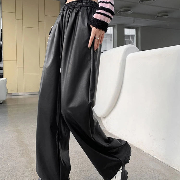 Faux Leather PU Wide-Leg Lace Up Elastic High Waist Women's Pants Fashion Full Length Pants Women Autumn Winter Straight Trouser