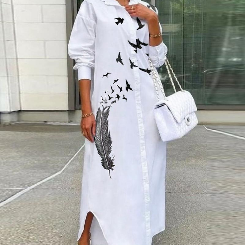 Feather Bird Print Button Down Shirt Dress Women Long Loose Fashion Casual Dress Long Sleeve Spring Summer