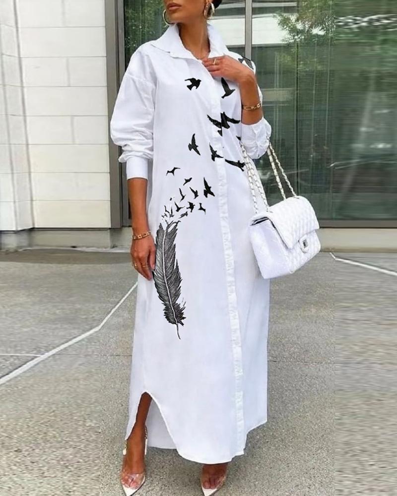 Feather Bird Print Button Down Shirt Dress Women Long Loose Fashion Casual Dress Long Sleeve Spring Summer
