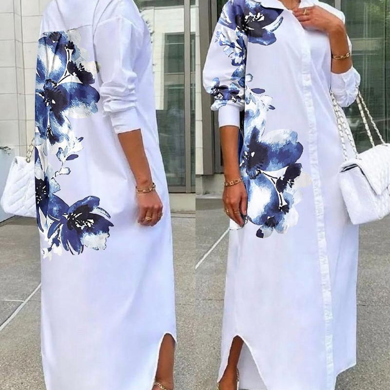 Feather Bird Print Button Down Shirt Dress Women Long Loose Fashion Casual Dress Long Sleeve Spring Summer LZR13541A1