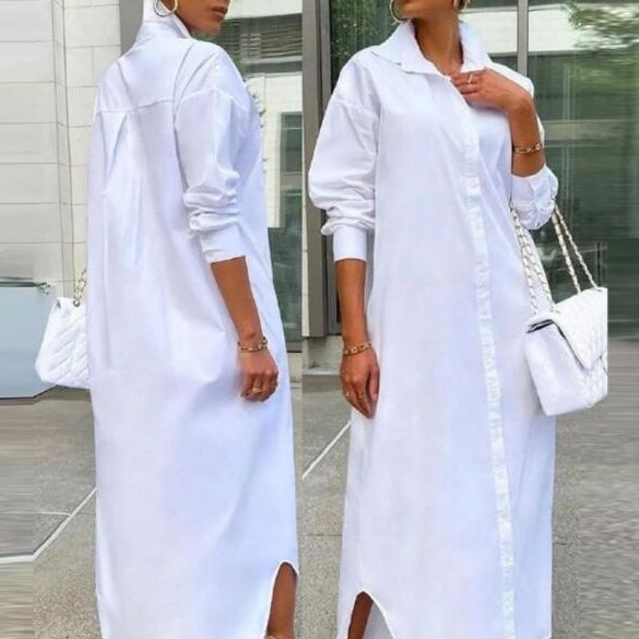 Feather Bird Print Button Down Shirt Dress Women Long Loose Fashion Casual Dress Long Sleeve Spring Summer Creamy-white