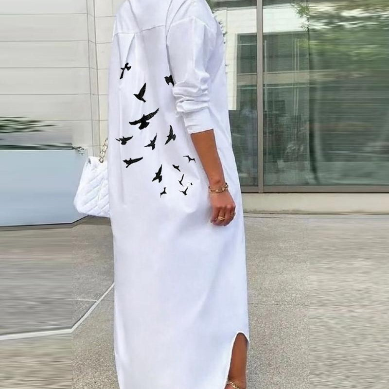 Feather Bird Print Button Down Shirt Dress Women Long Loose Fashion Casual Dress Long Sleeve Spring Summer