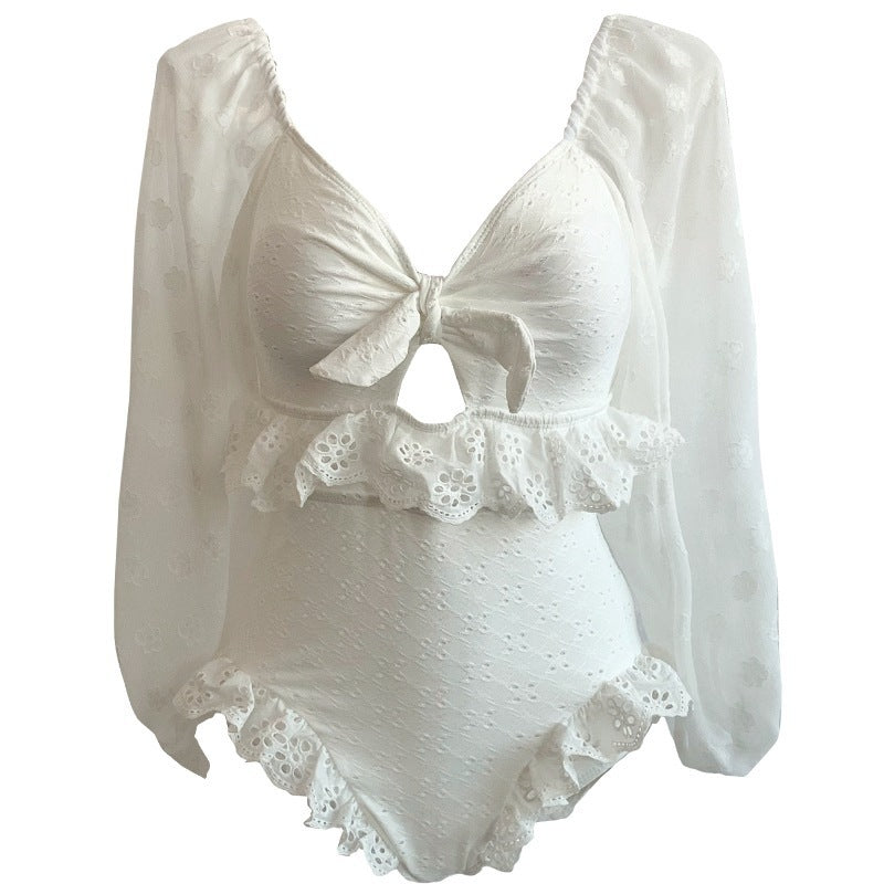 Feminine Back One-piece Puff Sleeve Swimsuit White
