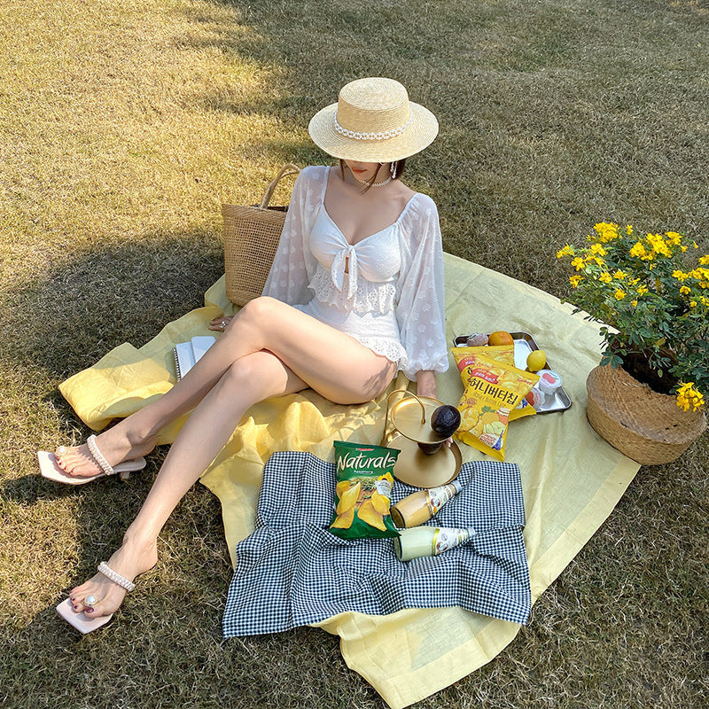 Feminine Back One-piece Puff Sleeve Swimsuit