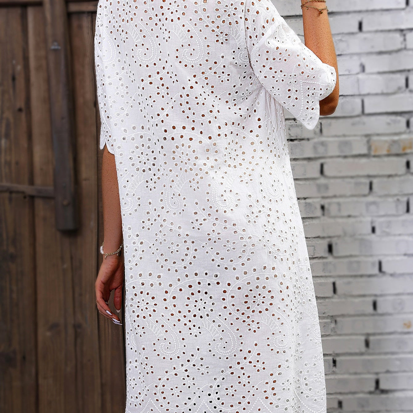 Finjani Eyelet Embroidery Drop Shoulder Dress Women's Button Front Dresses For Summer Elegant Party Dresses For Women 2024 New