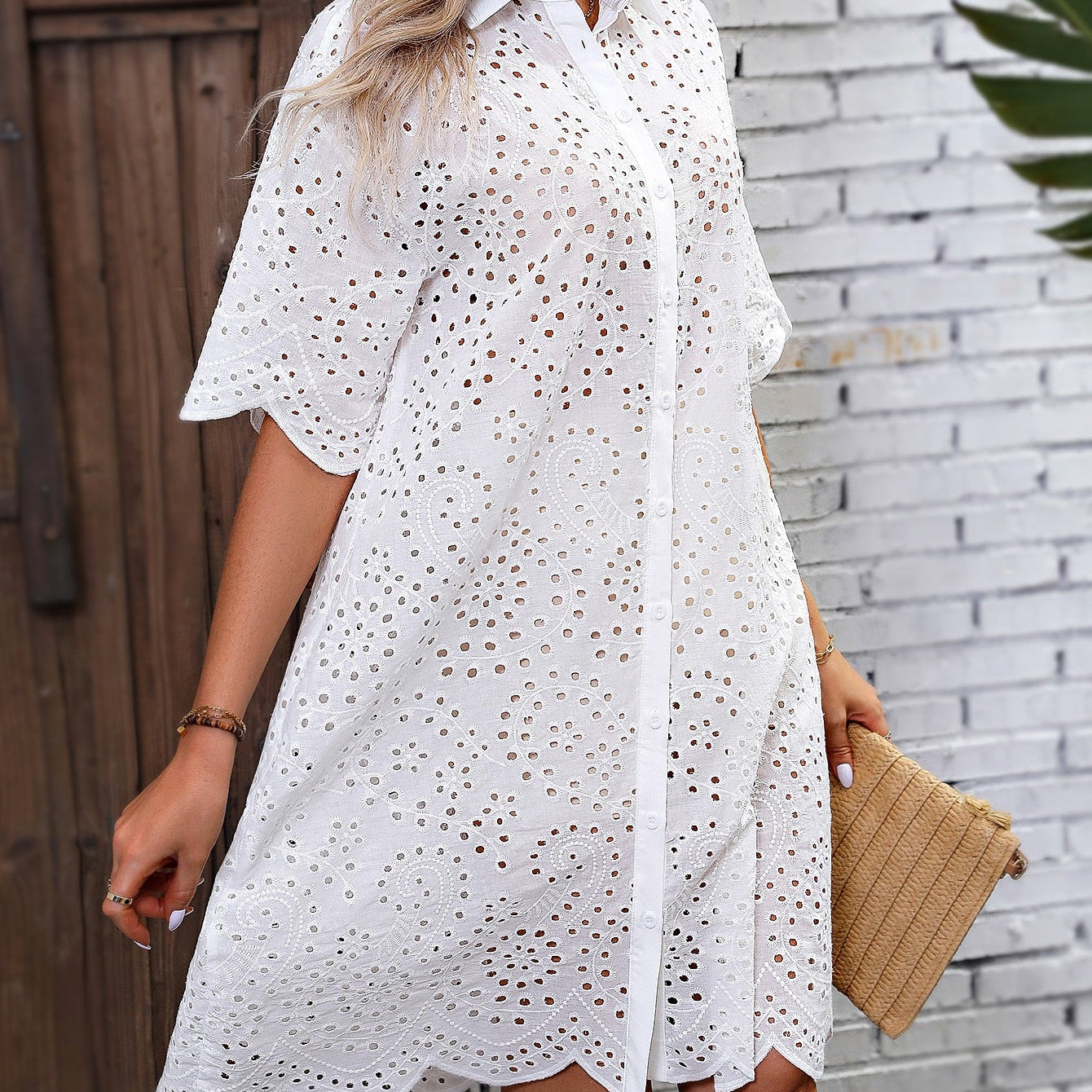 Finjani Eyelet Embroidery Drop Shoulder Dress Women's Button Front Dresses For Summer Elegant Party Dresses For Women 2024 New