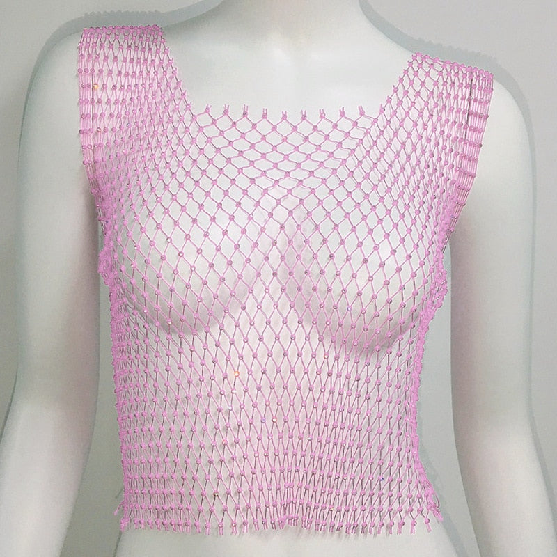 Fishnet Glitter Rhinestone Crop Top Sexy Hollow Out Mesh Sheer Women Beach Y2K Camis Crystal Diamond Club Rave Party Tank Tops pink One Size