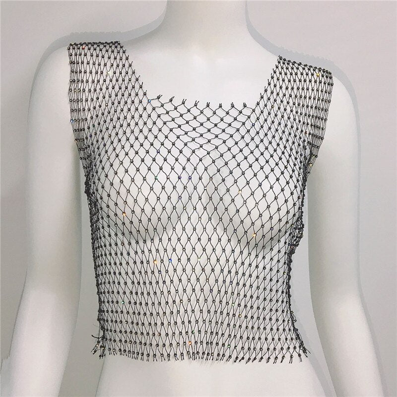 Fishnet Glitter Rhinestone Crop Top Sexy Hollow Out Mesh Sheer Women Beach Y2K Camis Crystal Diamond Club Rave Party Tank Tops Black One Size