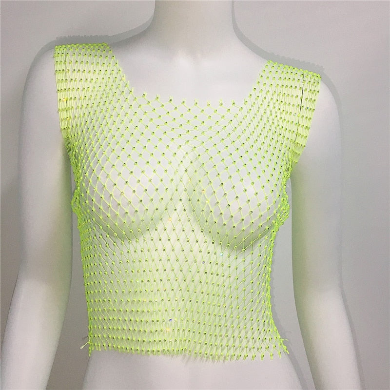 Fishnet Glitter Rhinestone Crop Top Sexy Hollow Out Mesh Sheer Women Beach Y2K Camis Crystal Diamond Club Rave Party Tank Tops green One Size