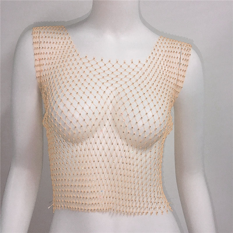Fishnet Glitter Rhinestone Crop Top Sexy Hollow Out Mesh Sheer Women Beach Y2K Camis Crystal Diamond Club Rave Party Tank Tops Skin color One Size