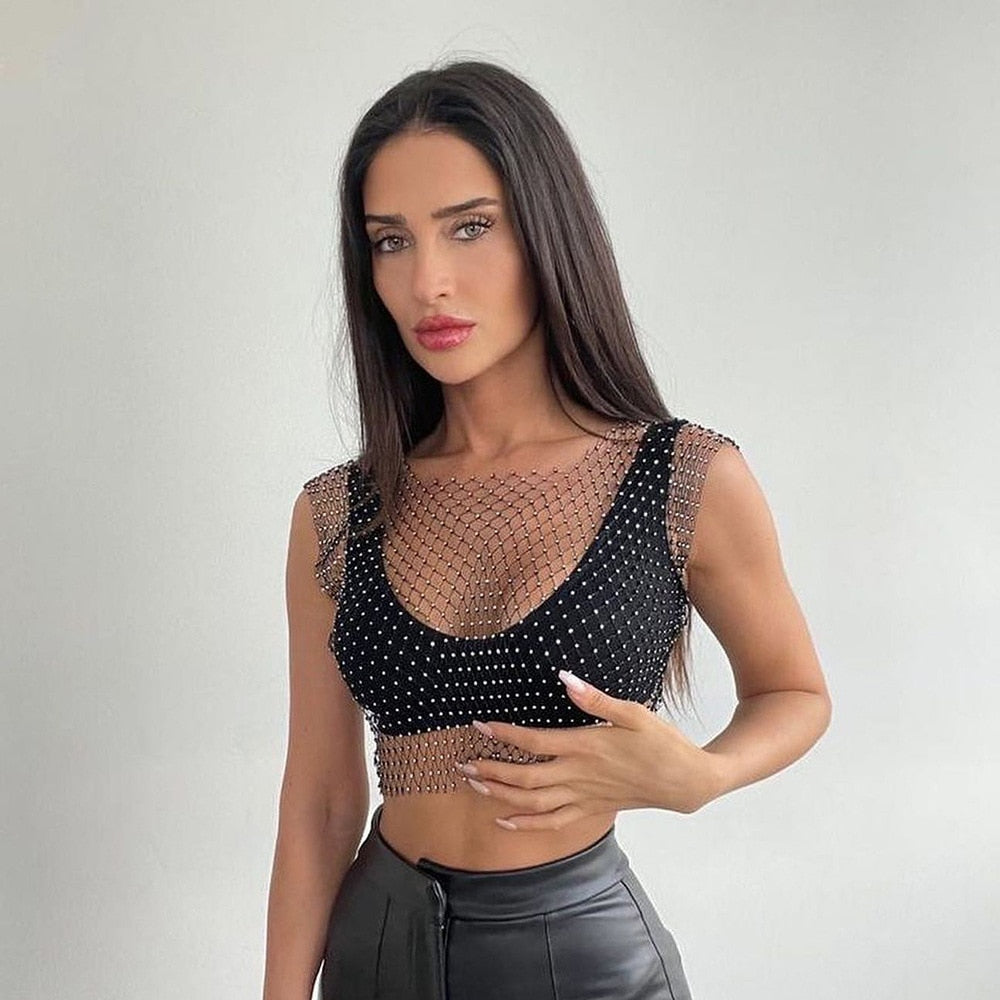 Fishnet Glitter Rhinestone Crop Top Sexy Hollow Out Mesh Sheer Women Beach Y2K Camis Crystal Diamond Club Rave Party Tank Tops