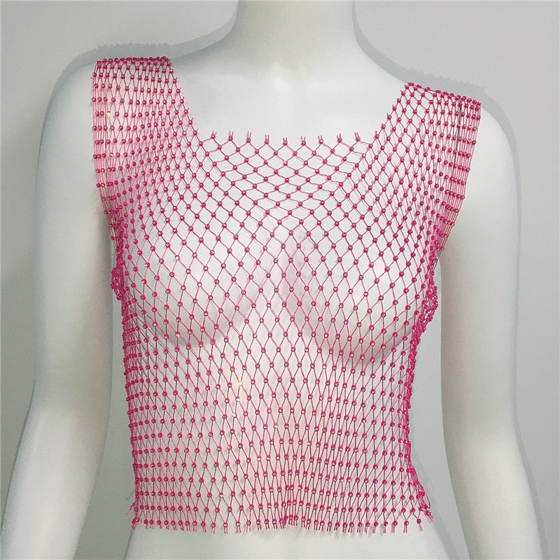 Fishnet Glitter Rhinestone Crop Top Sexy Hollow Out Mesh Sheer Women Beach Y2K Camis Crystal Diamond Club Rave Party Tank Tops rose red One Size