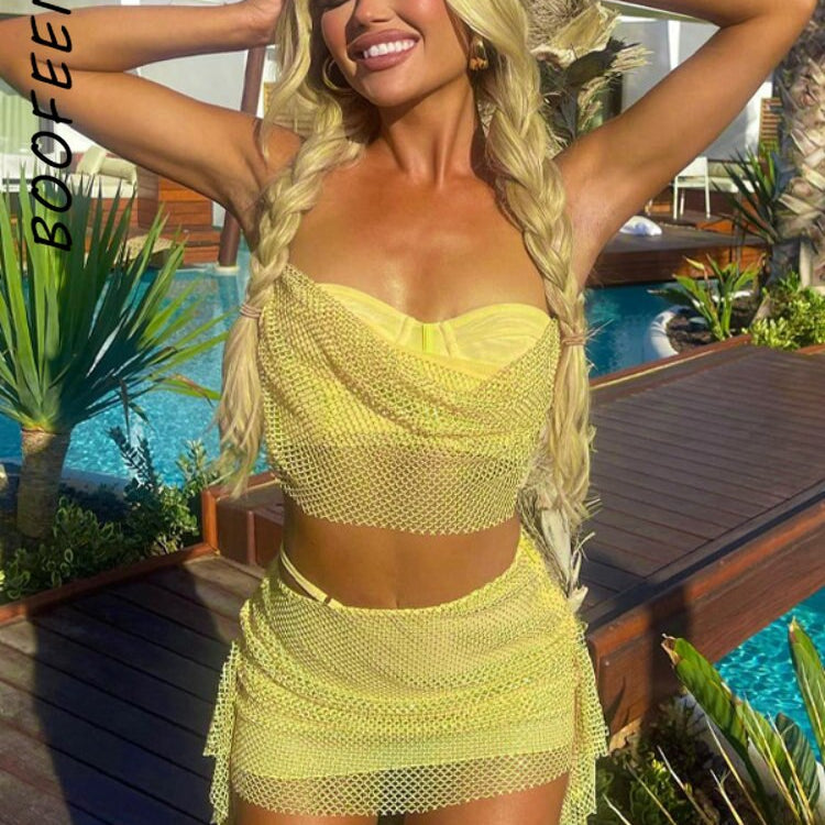 Fishnet Mesh Yellow 2 Piece Skirt Sets Sexy Summer Rave Festival Outfits Womans Clothing