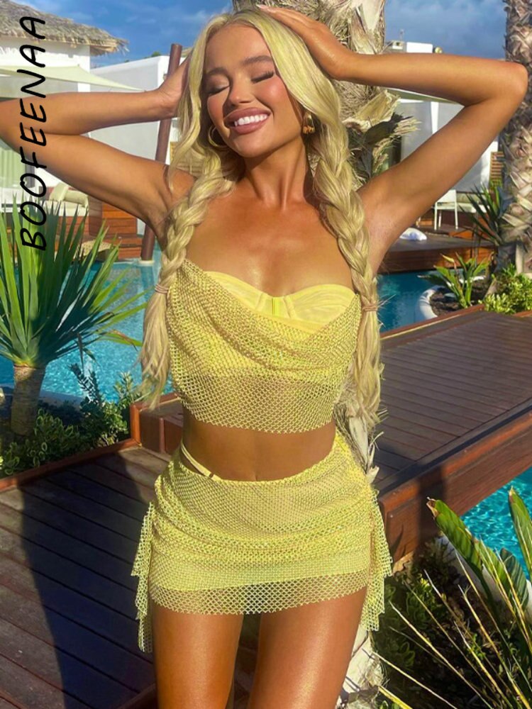 Fishnet Mesh Yellow 2 Piece Skirt Sets Sexy Summer Rave Festival Outfits Womans Clothing