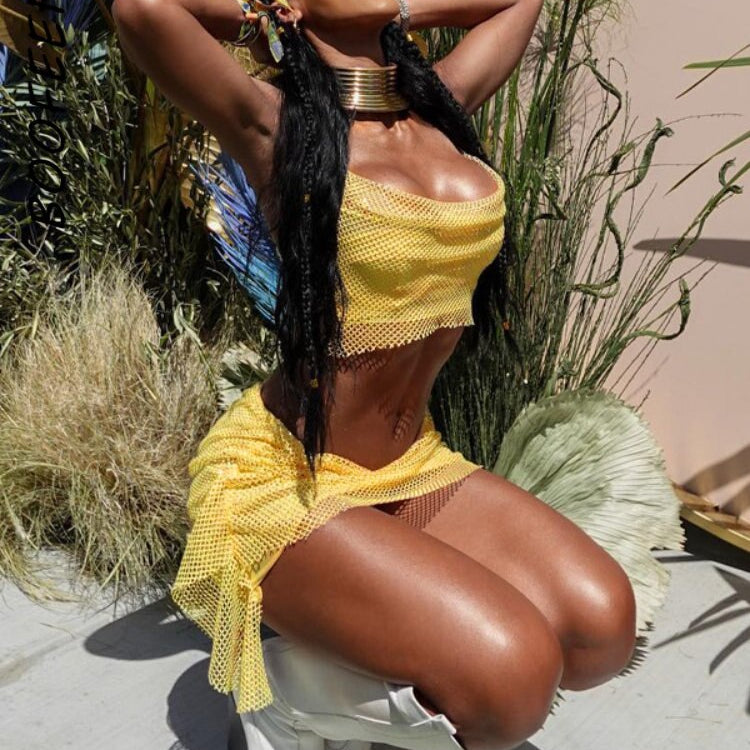 Fishnet Mesh Yellow 2 Piece Skirt Sets Sexy Summer Rave Festival Outfits Womans Clothing
