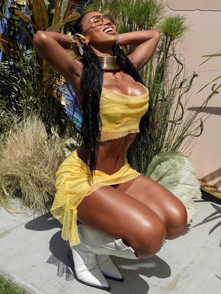 Fishnet Mesh Yellow 2 Piece Skirt Sets Sexy Summer Rave Festival Outfits Womans Clothing