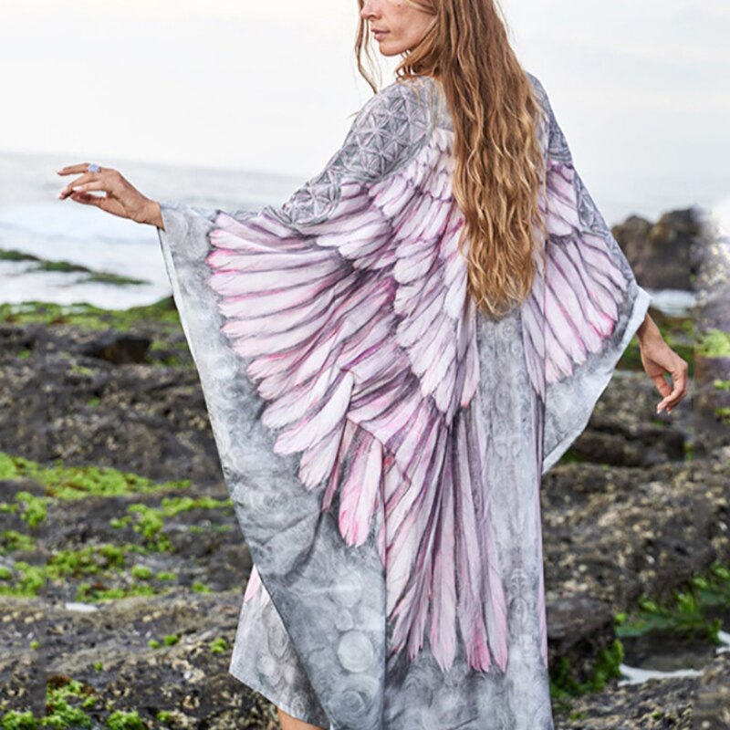 Fitshinling Bohemian Summer Dress Swimwear 3D Print Wing Boho Bikini Cover Up Batwing Sleeve Oversized Robe Beach Pareos
