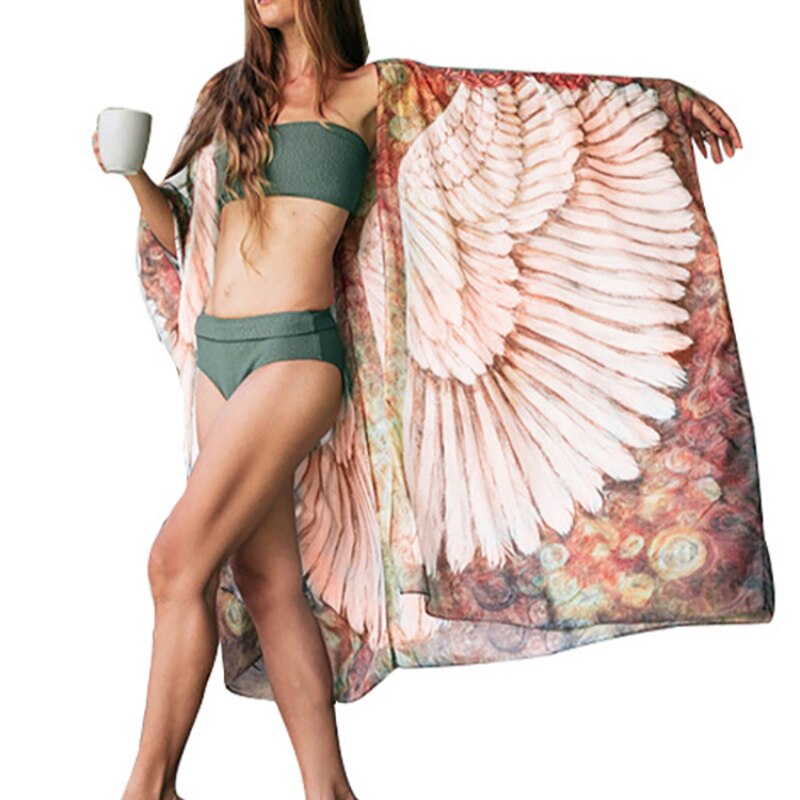 Fitshinling Bohemian Summer Dress Swimwear 3D Print Wing Boho Bikini Cover Up Batwing Sleeve Oversized Robe Beach Pareos