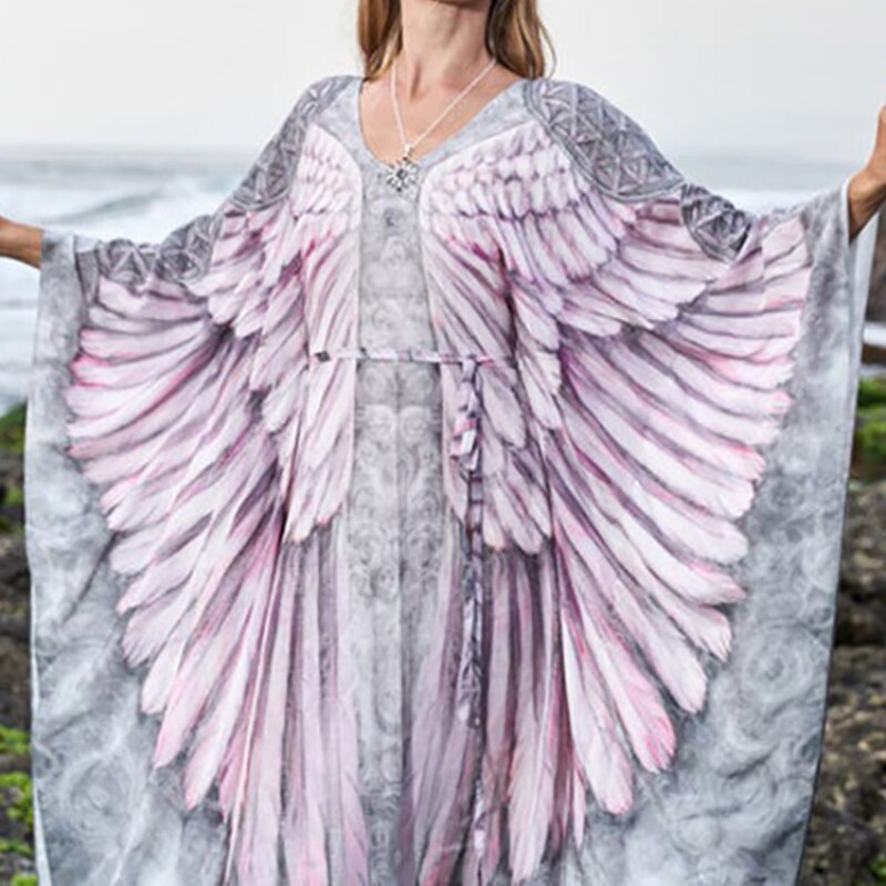 Fitshinling Bohemian Summer Dress Swimwear 3D Print Wing Boho Bikini Cover Up Batwing Sleeve Oversized Robe Beach Pareos