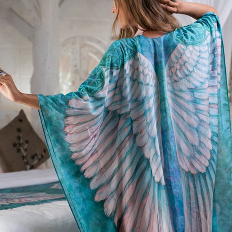 Fitshinling Bohemian Summer Dress Swimwear 3D Print Wing Boho Bikini Cover Up Batwing Sleeve Oversized Robe Beach Pareos