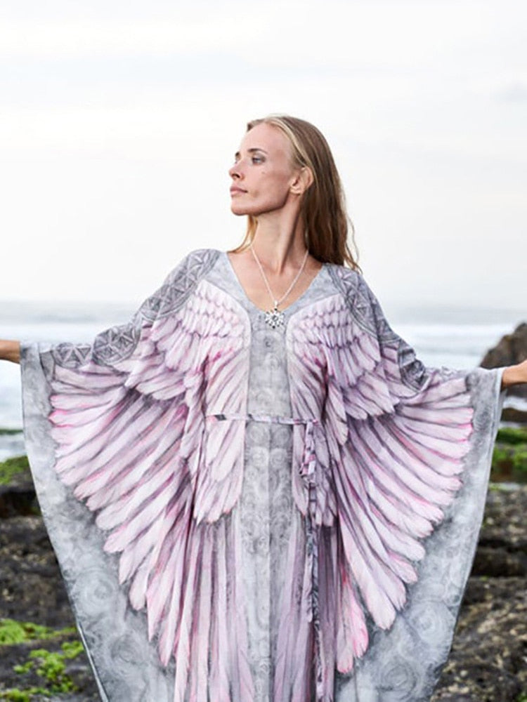 Fitshinling Bohemian Summer Dress Swimwear 3D Print Wing Boho Bikini Cover Up Batwing Sleeve Oversized Robe Beach Pareos pink One Size