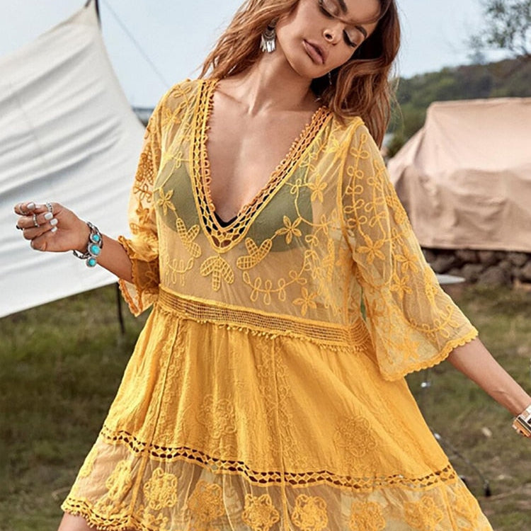 Fitshinling Deep V Neck Boho Beach Outing Sheer Sexy Lace Tunic Pareo Swimwear Summer
