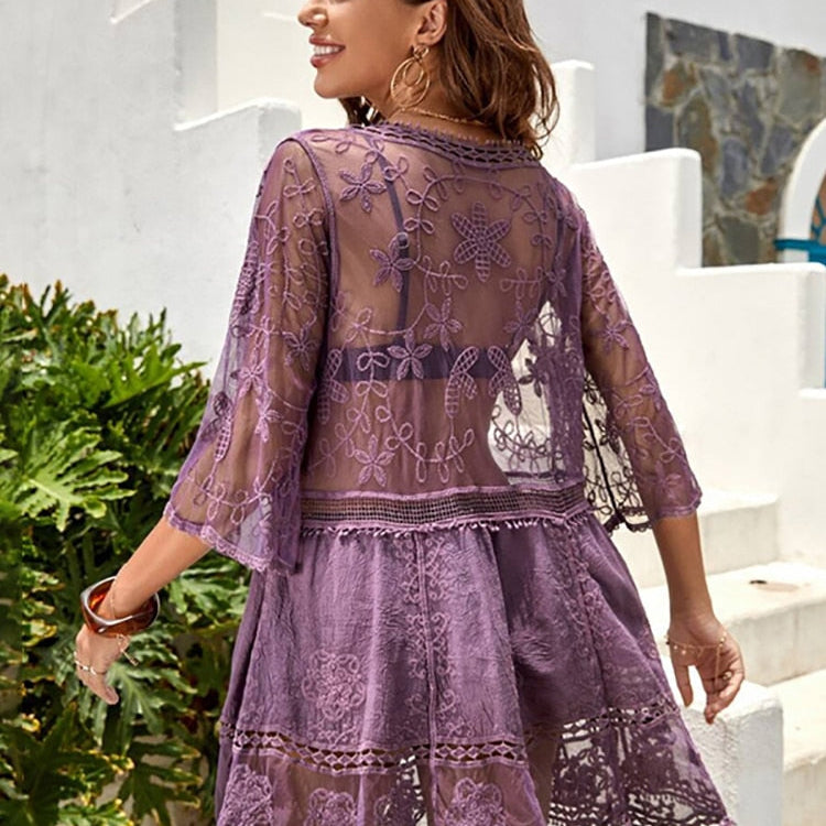 Fitshinling Deep V Neck Boho Beach Outing Sheer Sexy Lace Tunic Pareo Swimwear Summer Purple One Size