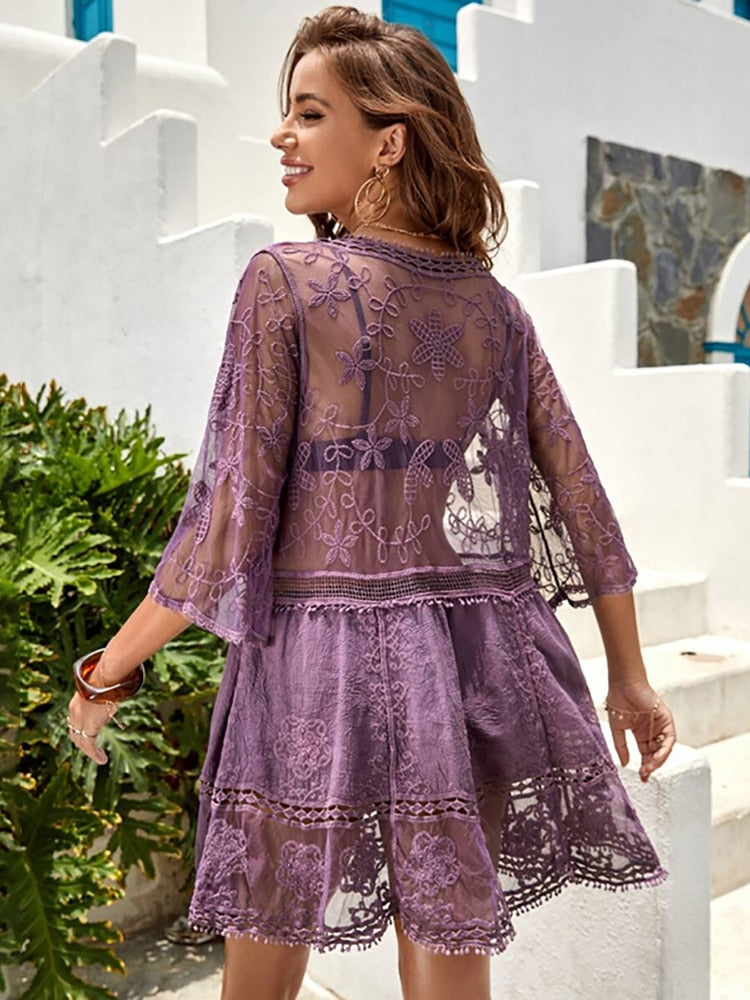 Fitshinling Deep V Neck Boho Beach Outing Sheer Sexy Lace Tunic Pareo Swimwear Summer Purple One Size
