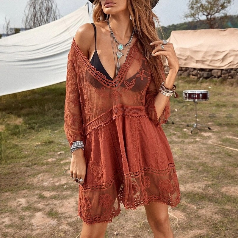Fitshinling Deep V Neck Boho Beach Outing Sheer Sexy Lace Tunic Pareo Swimwear Summer Vintage Short Dress Holiday Cover Up Brick red One Size