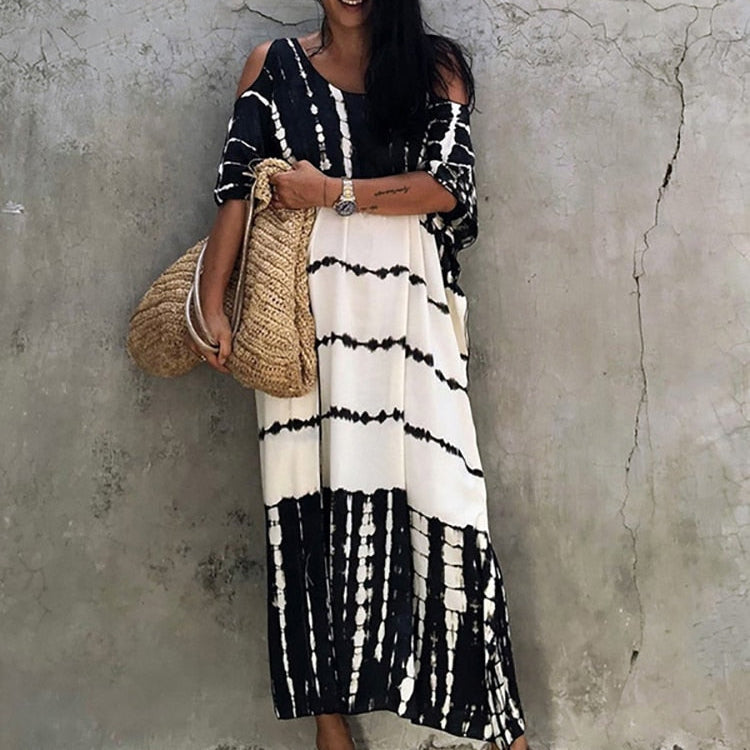Fitshinling Open Shoulder Summer Long Dress Bohemian Vintage Halo Dyeing Robe Oversized Kaftan Holiday Fashion Sexy Pareos New white One Size