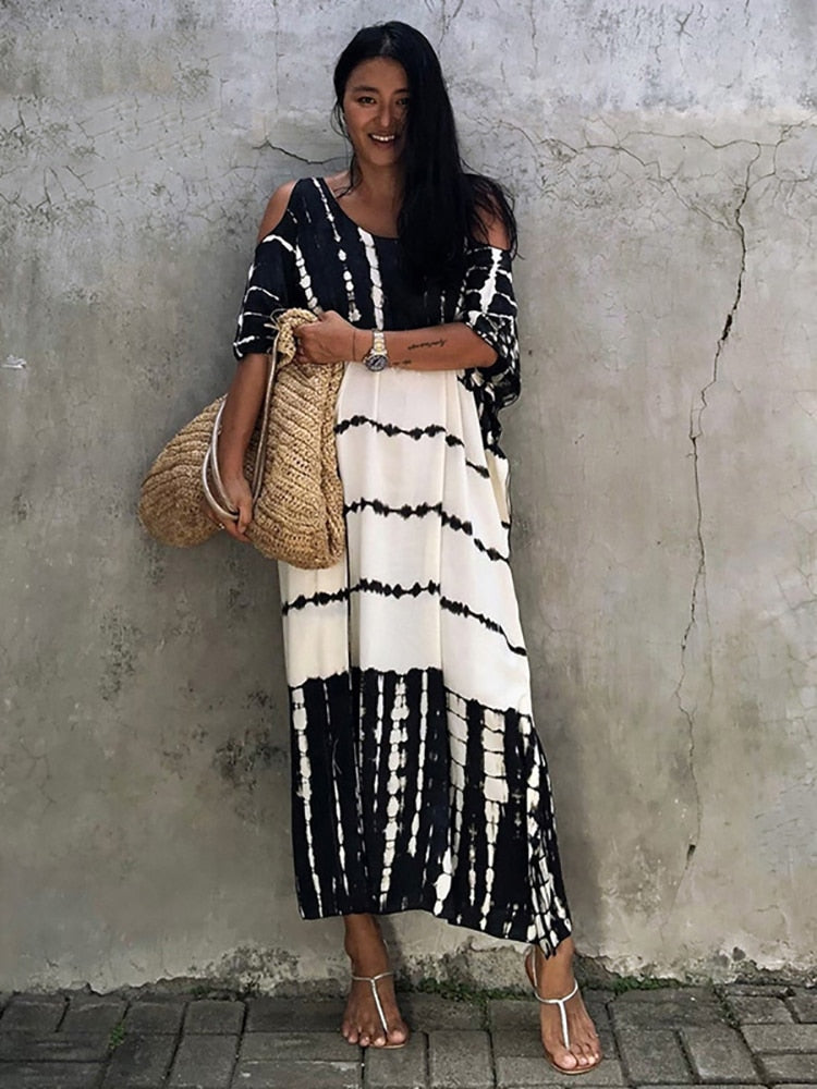 Fitshinling Open Shoulder Summer Long Dress Bohemian Vintage Halo Dyeing Robe Oversized Kaftan Holiday Fashion Sexy Pareos New white One Size